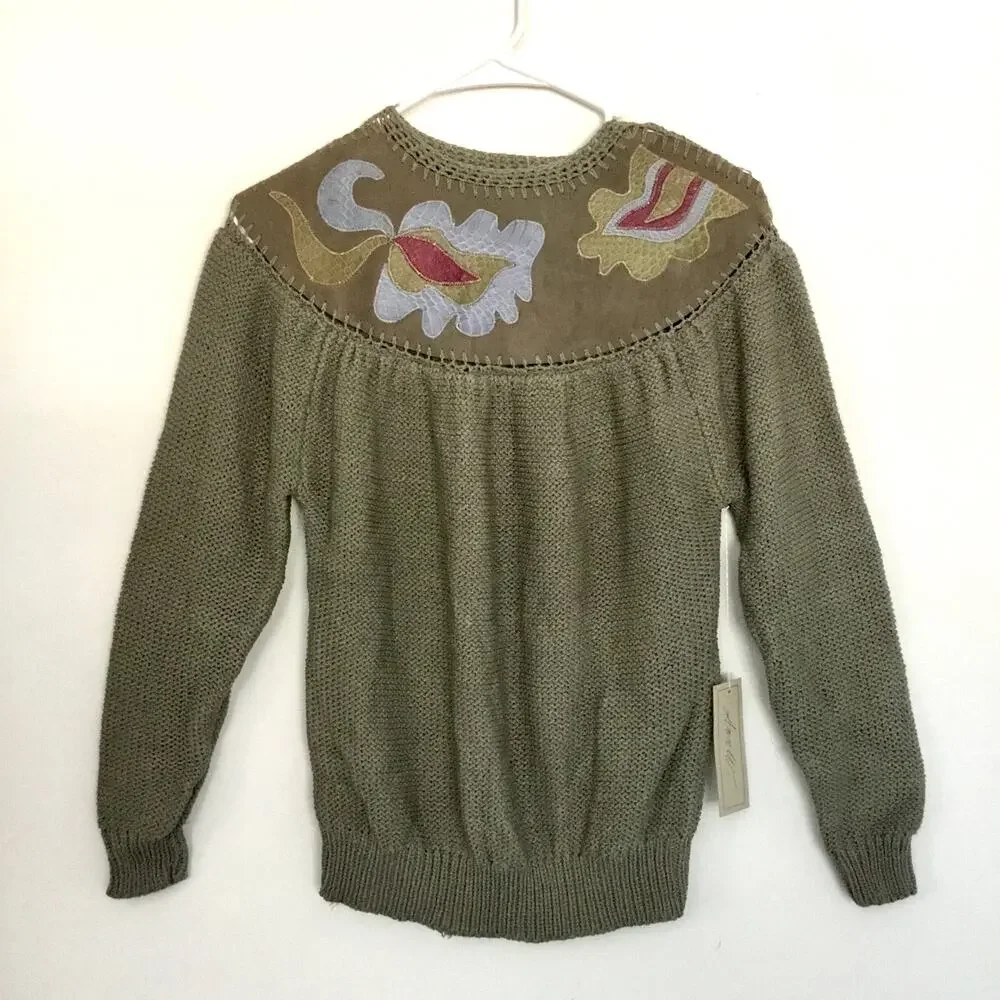 NEW Vintage Ann Wi Suede detailed Pullover Sweater Womens Sz M
